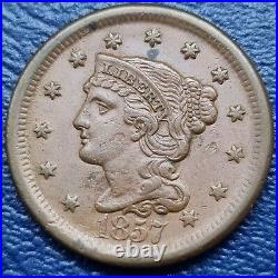 1857 Braided Hair Large Cent 1c Copper Coin RARE KEY DATE High Grade AU #71611