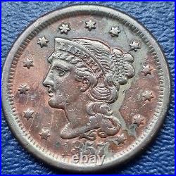 1857 Braided Hair Large Cent 1c Copper Coin RARE KEY DATE XF Details #71613