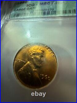 1960 Lincoln Cent MS67 RD ICG, Large Date, Rare