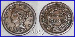 Beautiful US Copper Coin 1853 Braided Hair Liberty Head Large Cent VF++