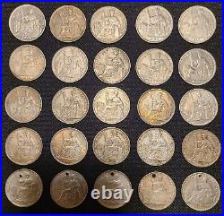Large Lot Of 25 Silver Indochina 20 Cent Coins