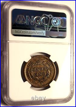 Rare 1855 Braided Hair Large Cent Upright 55 Ngc Au-53 Bn Great High Grade Coin