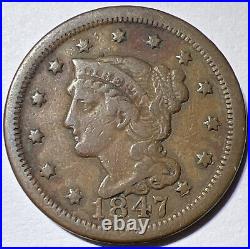 VF 1847 Braided Hair Large Cent -Very Fine -US Type Coin 1c ACTUAL PHOTOS LT9