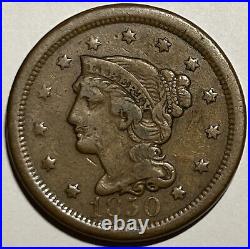 VF 1850 Braided Hair Large Cent -Very Fine -US Type Coin 1c ACTUAL PHOTOS LT7